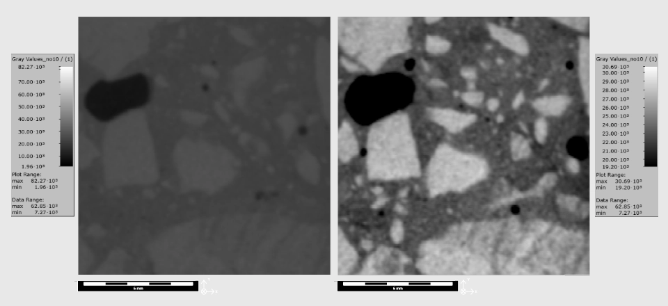 Visuelle Unterscheidung zwischen Poren, Zementmatrix und Zuschlagstoffpartikeln innerhalb der Betonprobe.