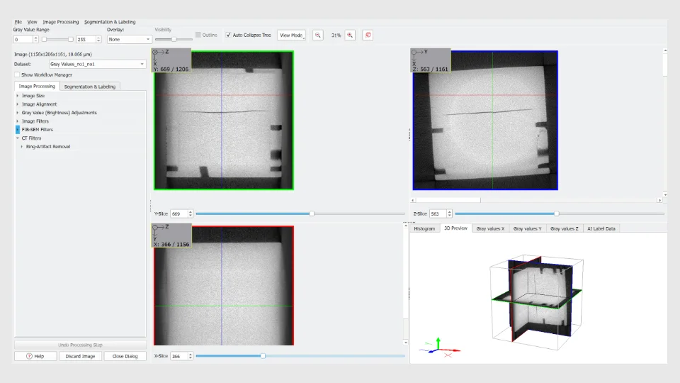 An additively manufactured ceramic cube containing an internal crack, shown in three orthogonal slice views alongside a simplified 3D preview.