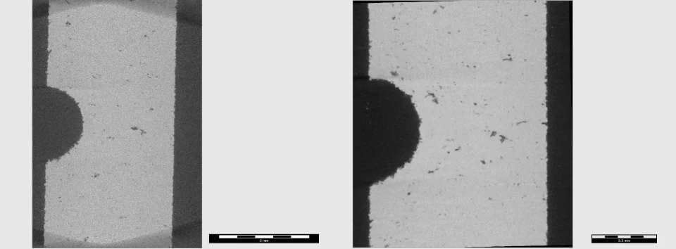 Additively manufactured titanium alloy sample with lack-of-fusion porosity. Before-and-after comparison. 