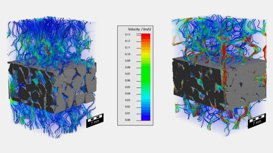 Volumetric flow velocities through an uncycled and cycled salt hydrate bed, from Arya, A., Martinez-Garcia, J., Schuetz, P., Mahmoudi, A., Brem, G., Donkers, P.A. and Shahi, M., 2024. Characterizing changes in a salt hydrate bed using micro X-ray computed tomography. Journal of Nondestructive Evaluation, 43(3), p.77. https://doi.org/10.1007/s10921-024-01092-7.