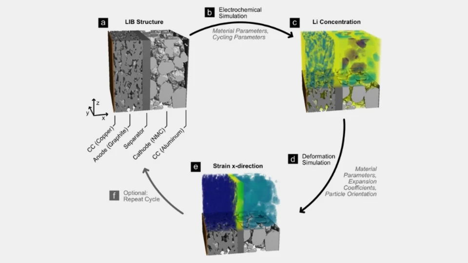 Battery microstructure investigation using coupled electrochemical and mechanical simulation, from Wenzler, N., Rief, S., Linden, S., Biebl, F., Rütsche, S., Glatt, I., Streit, A., Zahn, R., Fingerle, M. and Wood, V., 2023. 3D electrochemical-mechanical battery simulation tool: implementation with full cell simulations and verification with operando X-ray tomography. Journal of The Electrochemical Society, 170(2), p.020511. https://doi.org/10.1149/1945-7111/acb5c9