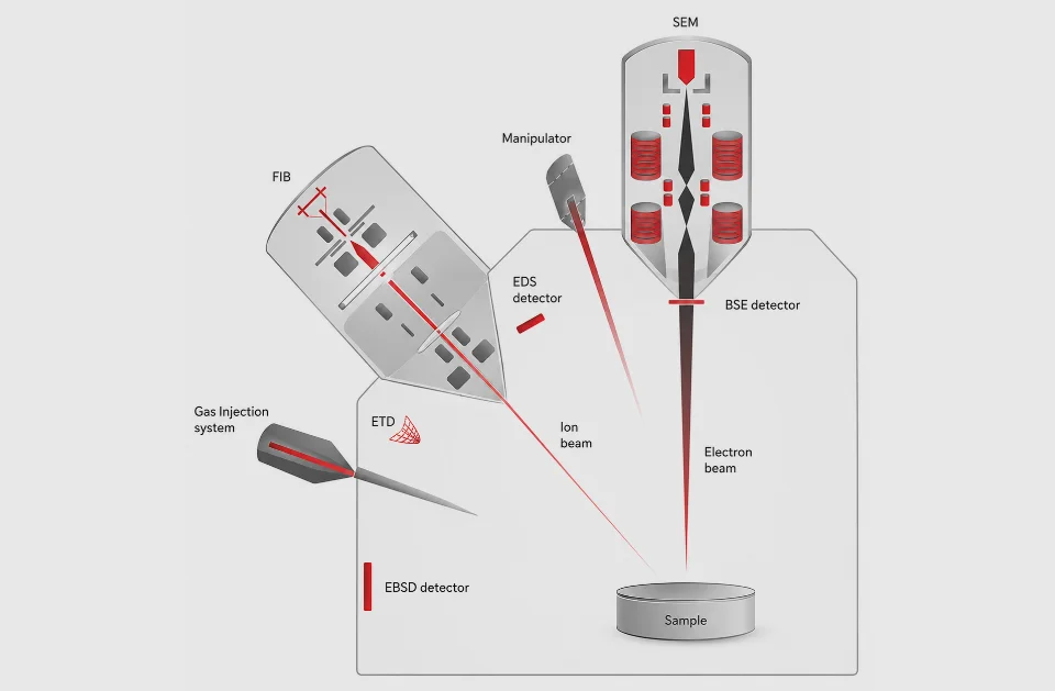 A simple diagram of a typical focused ion beam scanning electron microscope (FIB-SEM). The ion beam performs milling and the electron beam combined with detector allows high resolution imaging of each layer.