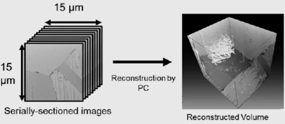 FIB-SEM process: series of grayscale microstructure images of multiphase material acquired (left) and 3D microstructure reconstruction of these images (right)