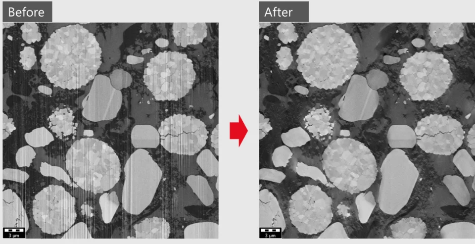 Typical ‘curtaining’ artifacts in FIB-SEM images (left) and GeoDict artifact removal (right). Sample is an NCA-LCO cathode material.