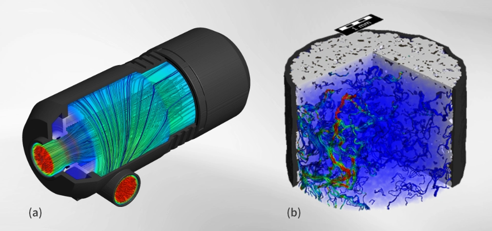 CFD simulation of the flow (a) through a complete filter, (b) through a Gildehauser Sandstone
