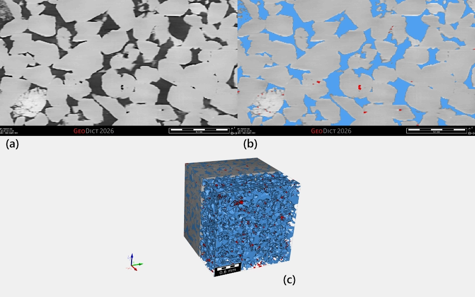 Beispiel für eine konnektivitätsbasierte Segmentierung anhand einer porösen Gesteinsprobe. Ein einzelner Voxel im hochgradig vernetzten Porenraum wurde ausgewählt und „flutgefüllt“, um den gesamten vernetzten Porenraum der blauen Phase zuzuordnen, die oft als „offene Porosität“ bezeichnet wird. Der verbleibende Porenraum, der nicht damit verbunden ist, wird rot markiert und ist „geschlossene“ Porosität. (a) Original-Graustufenbild, (b) Ergebnis der Mehrphasensegmentierung in 2D, (c) Ergebnis der Mehrphasensegmentierung in 3D.