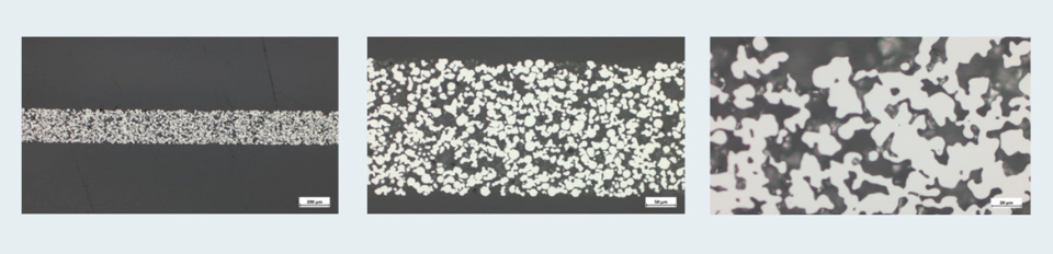 Fig. 1 Metallographic cross section of a calibrated 316L sinter paper in different magnifications.