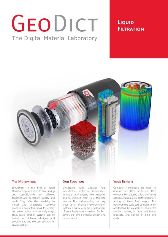 Titelbild des GeoDict-Flyers zum Thema Flüssigkeitsfiltration, das die Simulation und das digitale Design von Filterelementen zeigt