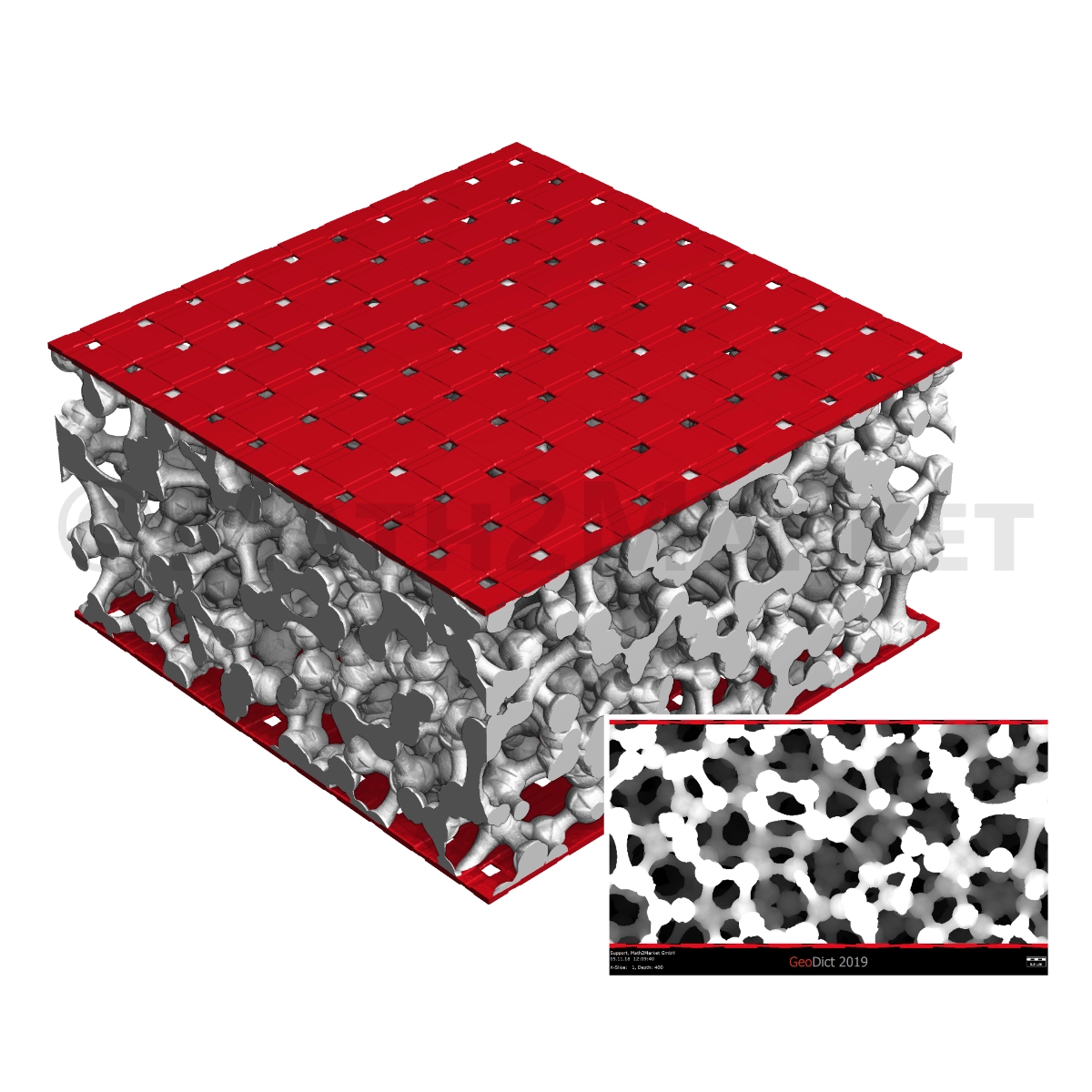 Digital 3D microstructure of an aluminum foam with a carbon fiber shell, modeled with the FoamGeo and WeaveGeo modules.