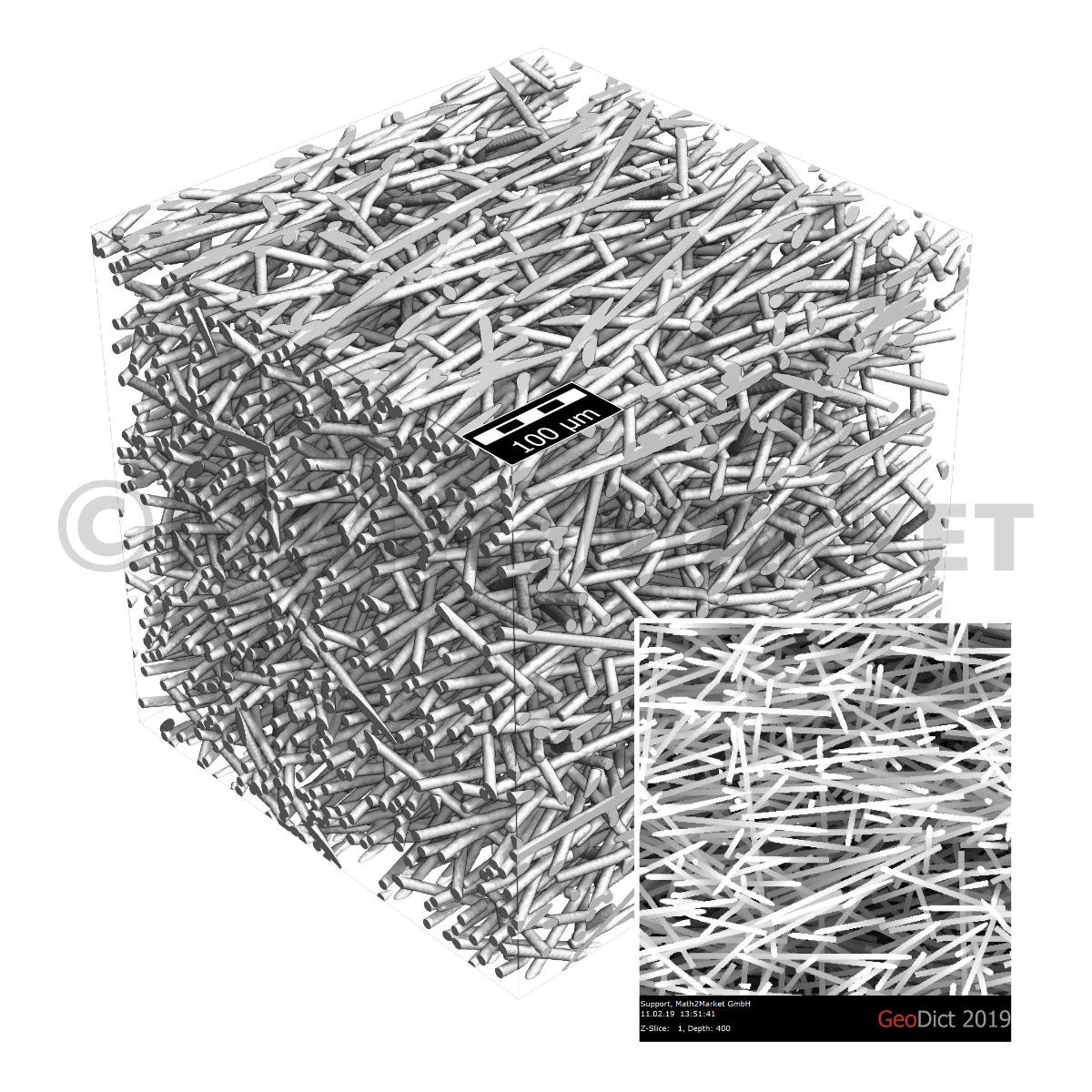 Mit FiberGeo erstelltes 3D-Modell eines spritzgegossenen Werkstoffs, der kurze Glasfasern (25% Gewicht) in einer PA66-Matrix zeigt.