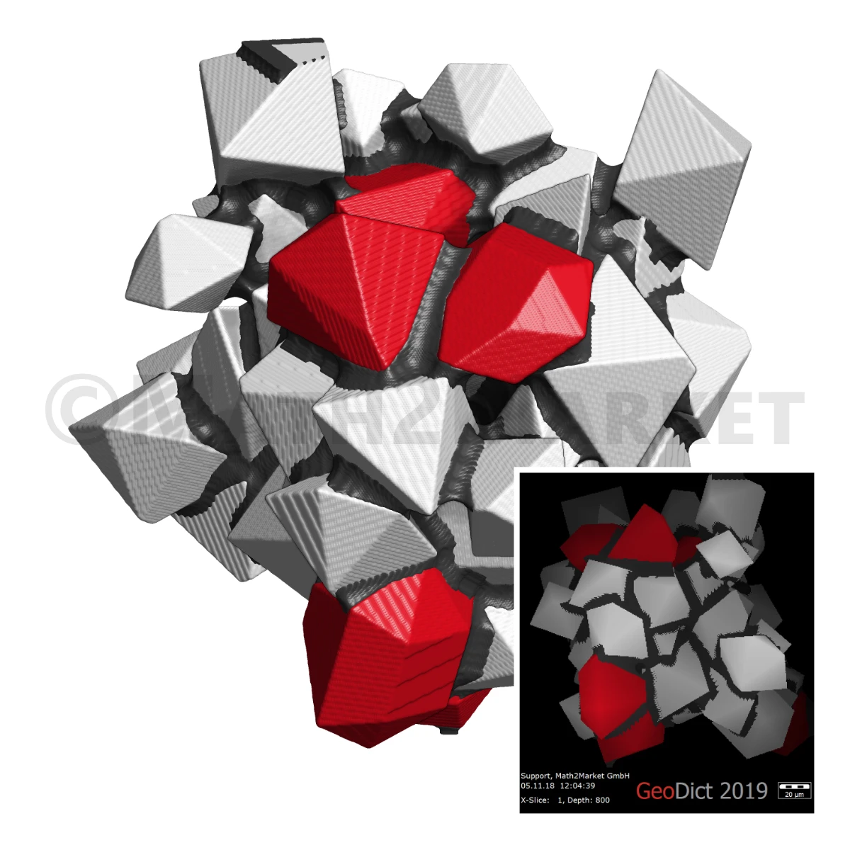 Digital microstructure of a Metal Matrix Composite (MMC) of copper and diamond, modeled by combining GrainGeo, GadGeo, and ProcessGeo.