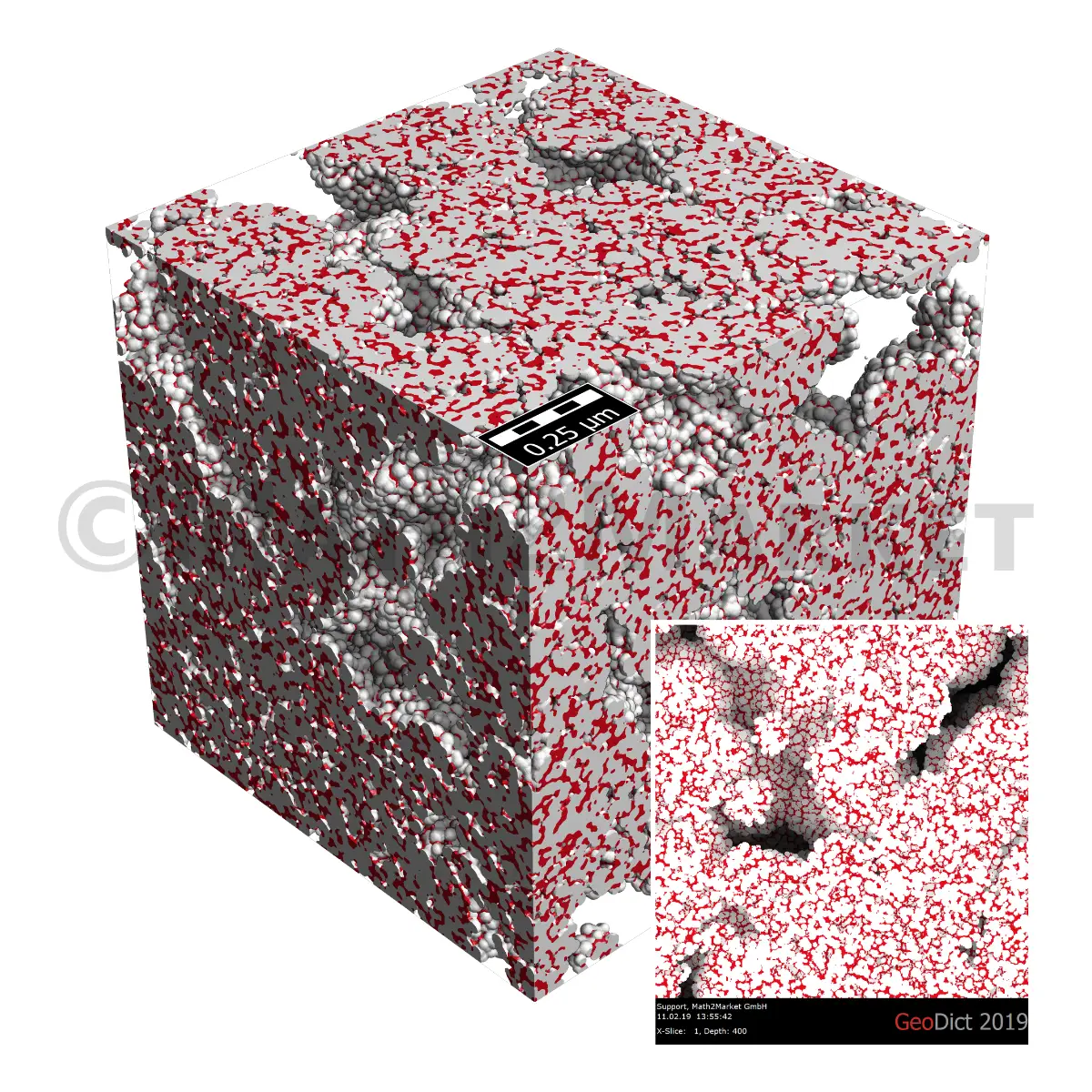 Mit GrainGeo modellierte 3D-Mikrostruktur einer Katalysatorschicht für eine PEM-Brennstoffzelle, die die poröse Anordnung von Katalysatorpartikeln auf einem Kohlenstoffträger zeigt.