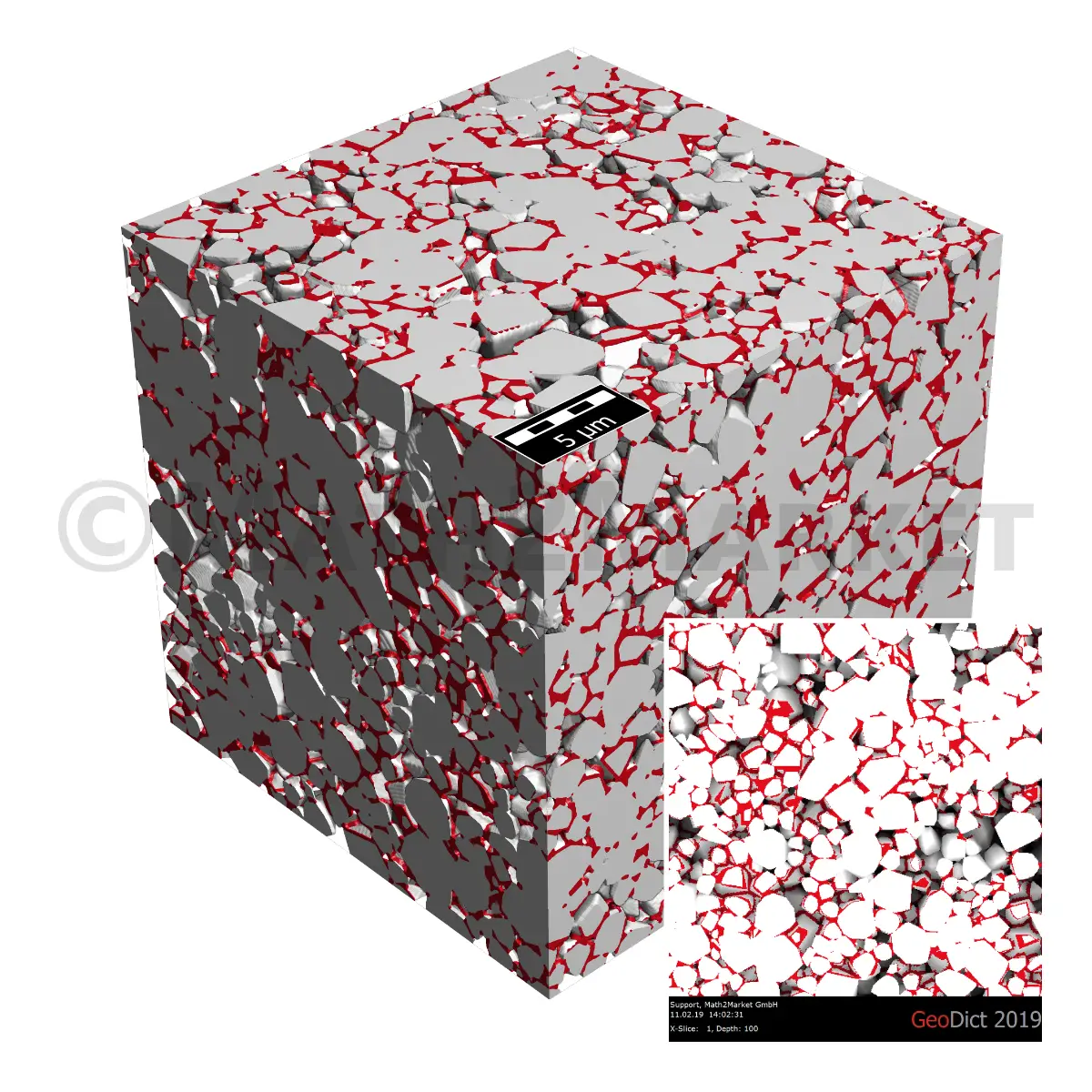 3D microstructure of a LiCoO2 cathode for lithium-ion batteries, created with the ElectrodeGeo preset in GrainGeo to represent the particle morphology.