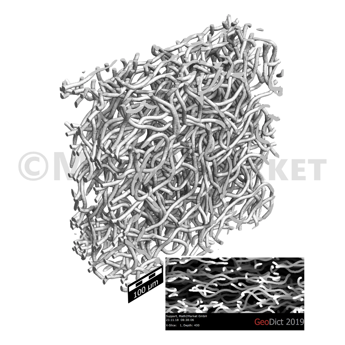 3D model of a nonwoven fabric, created with FiberGeo, showing the highly crimped (curvy) structure of a single fiber type.