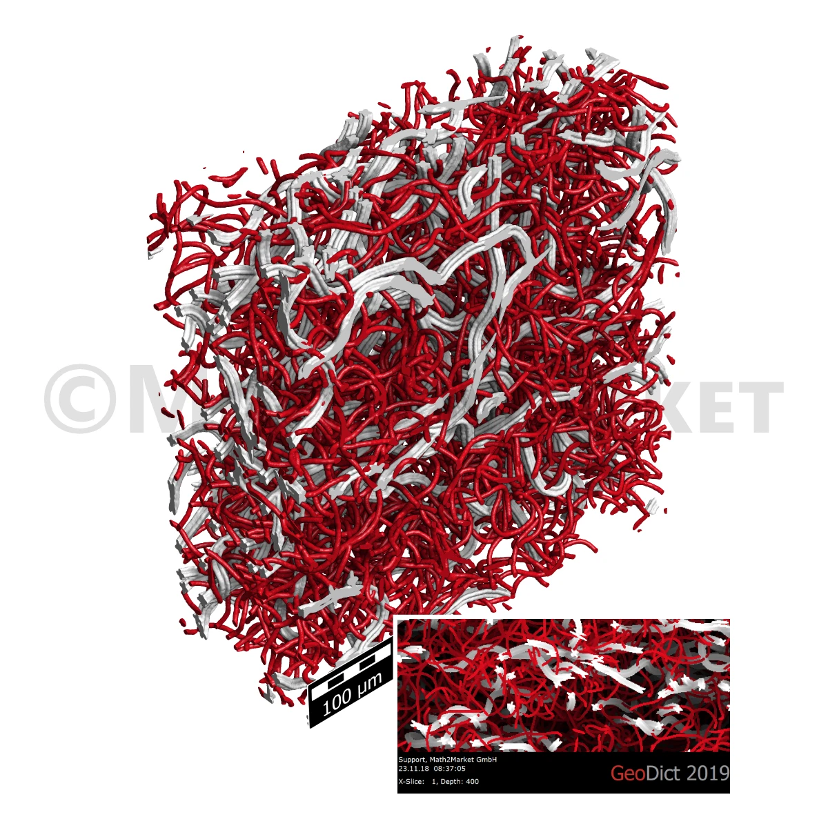 3D model of a nonwoven fabric made of two different fiber types, created with FiberGeo, where one type features a 4-pointed star-shaped cross-section.