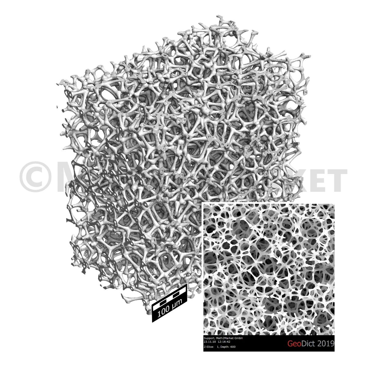 3D model of an open-cell foam, created with FoamGeo, featuring a heterogeneous pore size distribution.