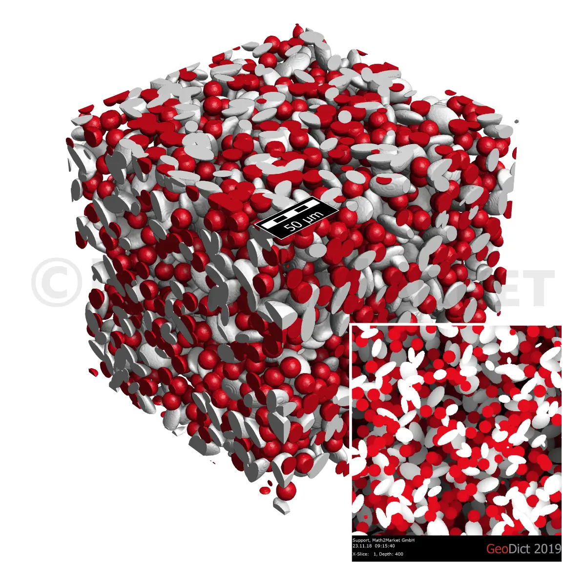 3D structure of a ceramic, created with the packing feature of GrainGeo, showing a dense packing of two different grain types.