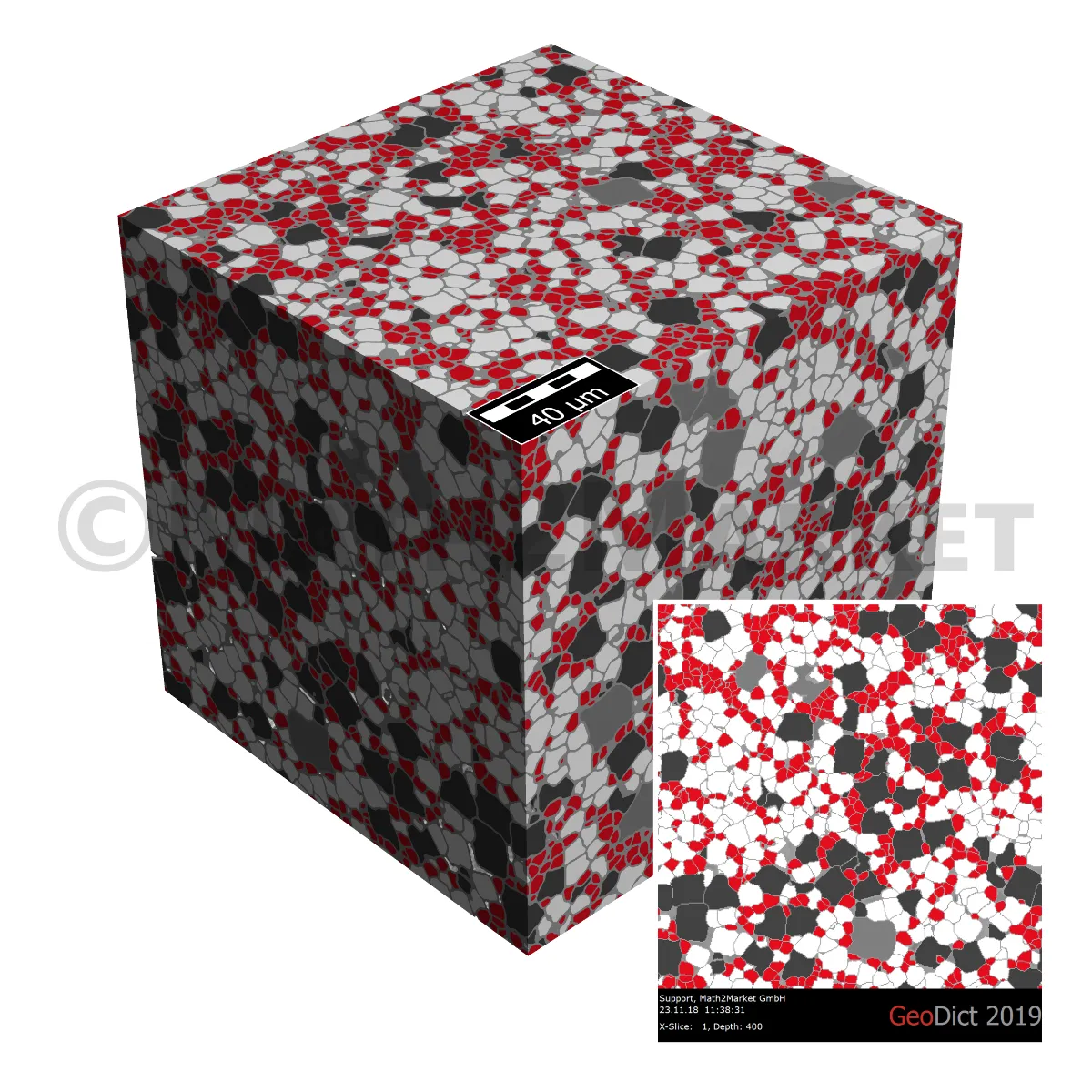 3D microstructure of a sintered PZT ceramic, created with GrainGeo, showing the complex texture of four different grain types.