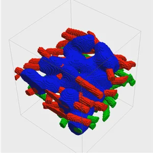 Fig. 1 The image shows a filter medium with loaded droplets on the fiber surface. The geometry has been used to verify the pressure drop increase with time against the Volume-Of-Fluid method.
