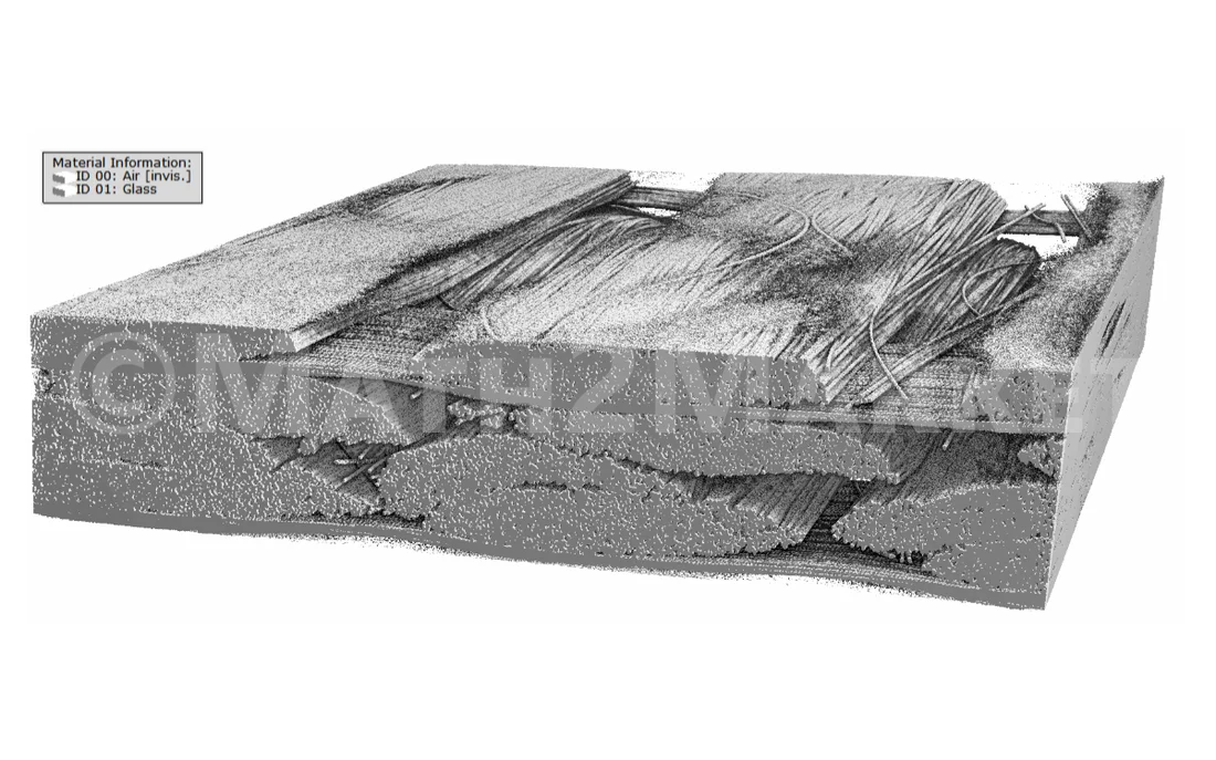 3D-Rekonstruktion eines microCT-Scans von einem Glasfasergelege in Epoxidharz, segmentiert und visualisiert in GeoDict mit ImportGeo-Vol.