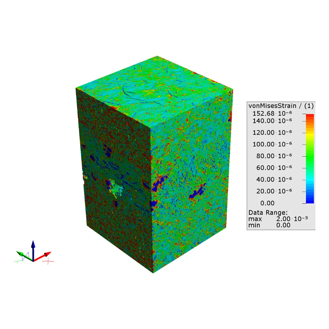 Simulation result: Visualization of Von Mises strains in a section of glass-fiber reinforced polypropylene under X-direction loading