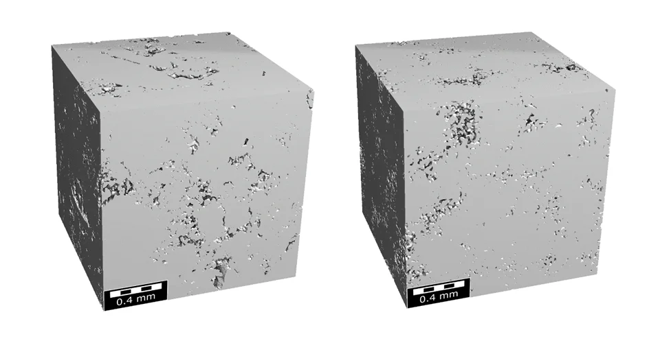 Segmented CT-scan (left) and automatically created digital twin (right) of an Estillades carbonate.