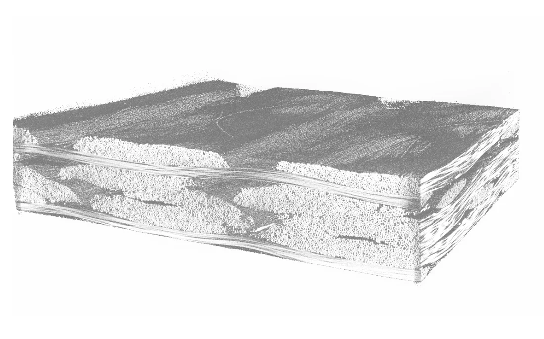 3D-Visualisierung einer Micro-CT-Aufnahme eines Gelege aus Glasfasern mit eingespritztem Epoxidharz in GeoDict