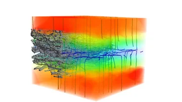 Image of an electrostatics simulation, visualizing air flow alongside a charge field