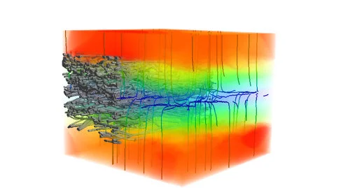 Bild einer Elektrostatiksimulation, das die Luftströmung zusammen mit einem Ladungsfeld visualisiert
