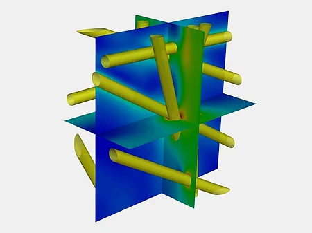 Visualisierung der aus 10 Fasern bestehenden 3D-Filterstruktur sowie des zugehörigen Ergebnisses der Strömungssimulation in Fluent.