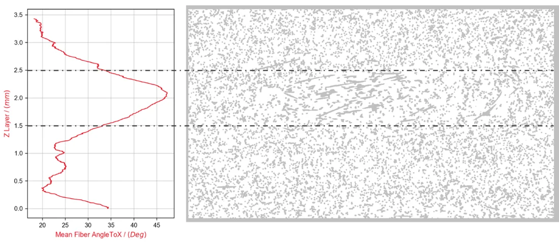 Results of a fiber analysis: A plot on the left shows the fiber angle to the x-direction with the cross-section on the right