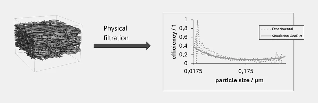 Comparison of measurements with simulations of filter efficiency over particle size. The simulation was done on the complex micro-structure on the left, without charging the fibers.