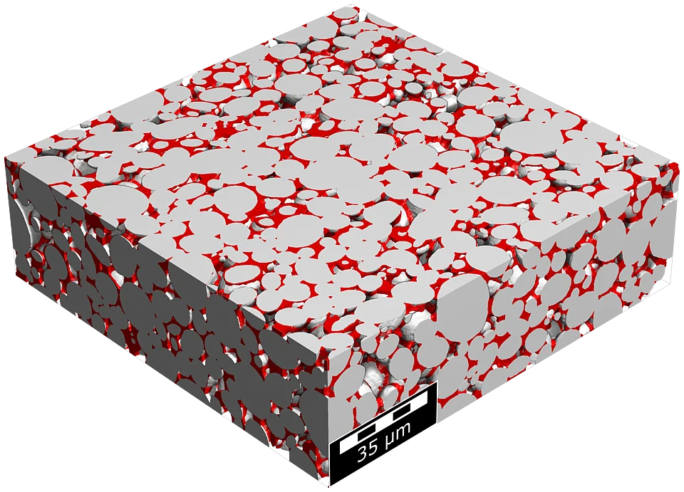 Statistischer digitaler Zwilling einer synthetischen NMC622-Kathode, modelliert auf Basis von 3D-NanoCT-Scans für das Forschungsprojekt 'structur.e' zur Verbesserung von Batterien.