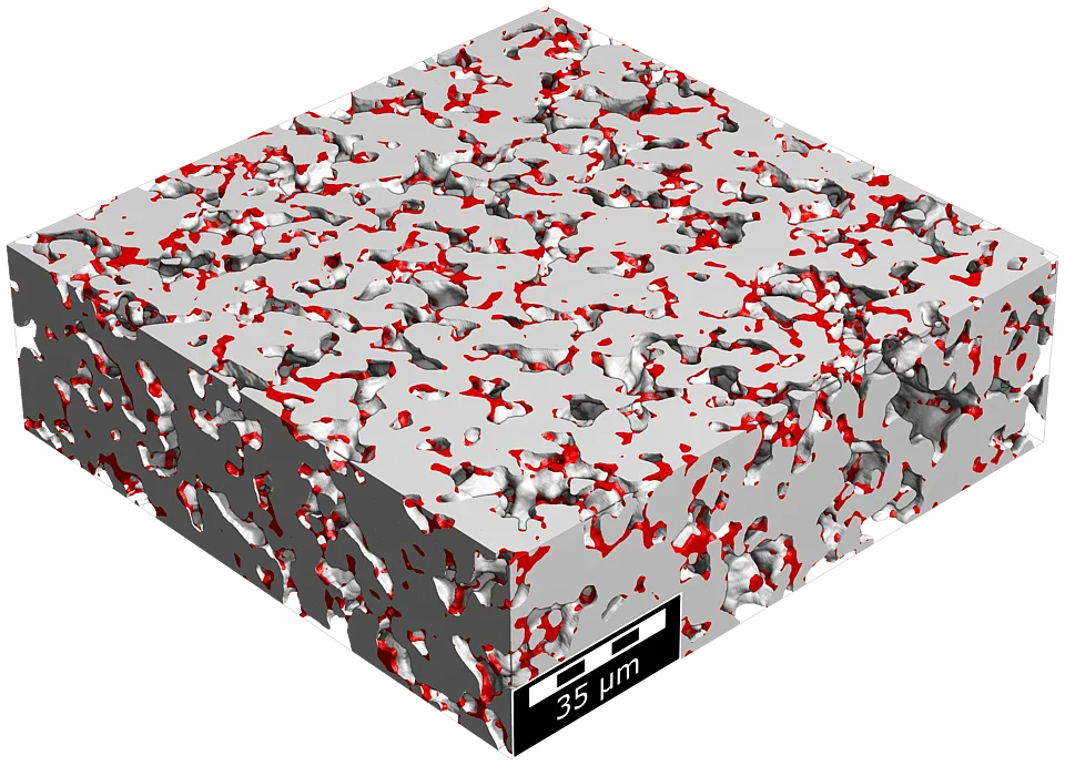 Statistical digital twin of a synthetic graphite anode, modeled based on 3D-NanoCT scans for the 'structur.e' research project on fast-charging capabilities of batteries.