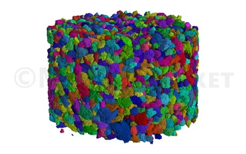 Identifizierte Körner werden als Indexbild auf dem 3D-Mikrostrukturmodell angezeigt.