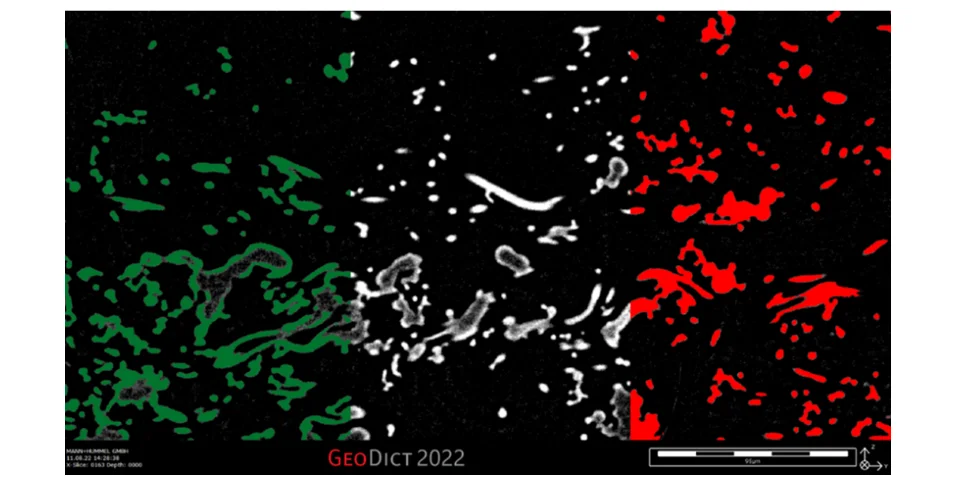 μCT-scan section of the microstructure of a meltblown filter medium with an overlaid comparison of the resulting voxel mesh of the standard segmentation (green), based on the threshold method, with the resulting voxel mesh of the AI segmentation (red).